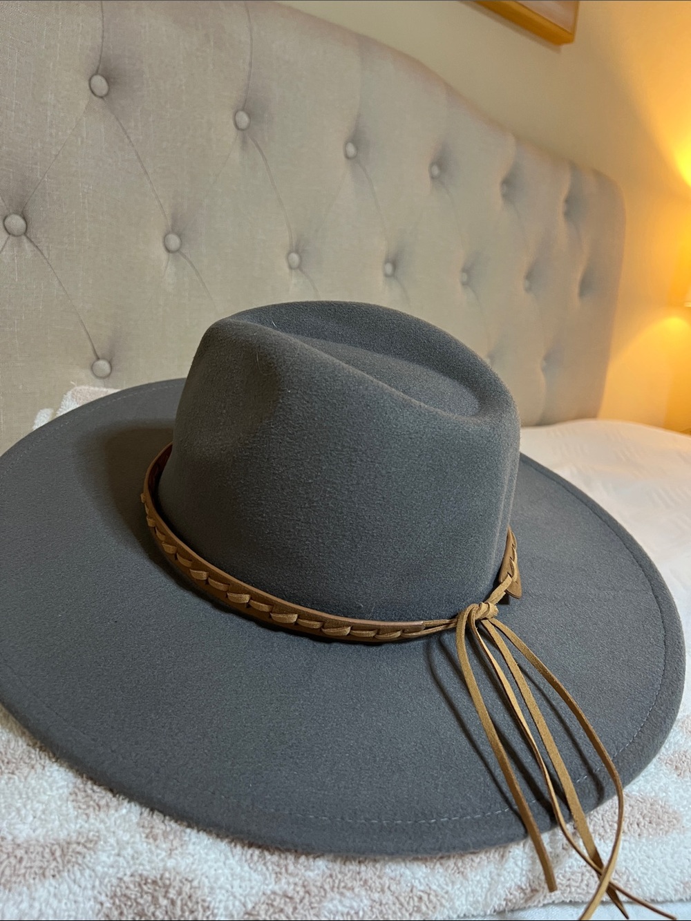 Gray Wide Brim Rancher Hat | Braided Faux Leather Band | Boutique Style